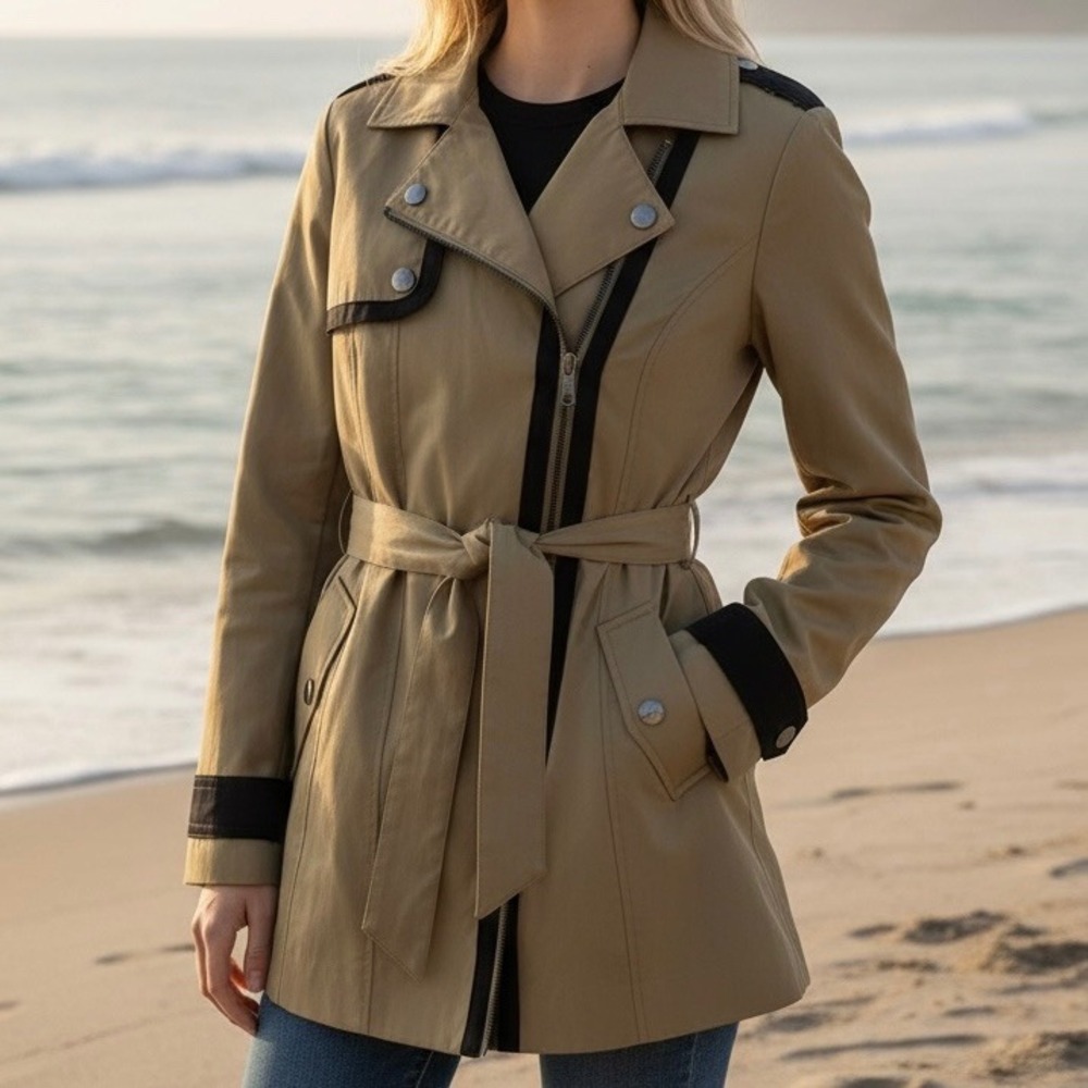 Sam Edelman Womens Khaki Trench Coat Green Size M Utility Edgy Classic Outerwear